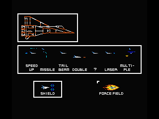 Nemesis 3: The Eve of Destruction (MSX) screenshot: Selection of ship, weapons and force field type
