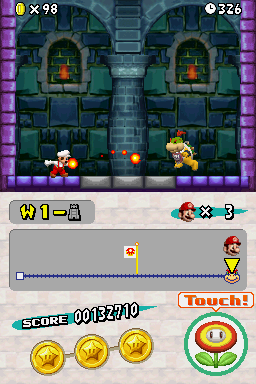 New Super Mario Bros. (Nintendo DS) screenshot: Fighting Bowser Jr. at the tower is reminiscent of Super Mario World.