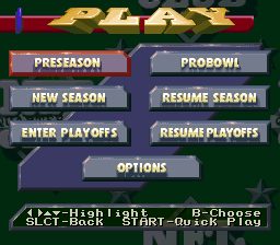 NFL Quarterback Club 96 (SNES) screenshot: Play menu