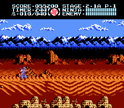Ninja Gaiden III: The Ancient Ship of Doom (NES) screenshot: Ryu prepares to duke it out in the desert