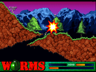 Worms (Jaguar) screenshot: Explosions across the Alps