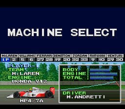 F1 Pole Position (SNES) screenshot: Machine select screen