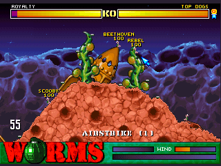 Worms (Jaguar) screenshot: And another alien planet - this time less on the Geiger and more on Buck Rogers.