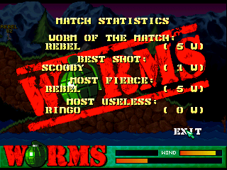 Worms (Jaguar) screenshot: A round tally screen