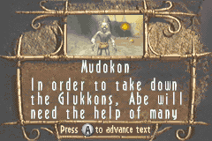 Oddworld: Munch's Oddysee (Game Boy Advance) screenshot: Tutorial menu like this one can be accessed to get helpful tips.