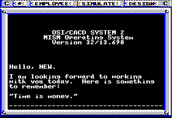 Omega (Apple II) screenshot: Computer posts humourous newbites while you wait