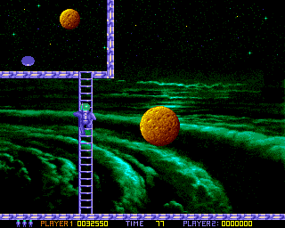 Ooops Up (Amiga) screenshot: On some levels, you'll have to climb ladders.