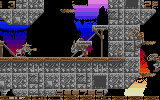 Ork (Atari ST) screenshot: Here our hero faces a venom-spitting, Nazi-helmet-wearing, armor-plated skeletal monkey.