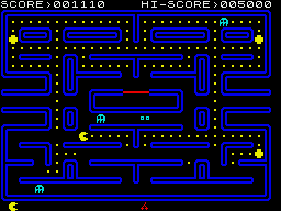 Pac-Man (ZX Spectrum) screenshot: You can munch on ghosts when they turn blue