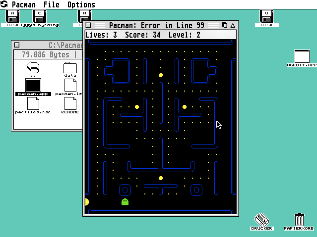 Pacman for GEM (Atari ST) screenshot: The tunnels work as expected