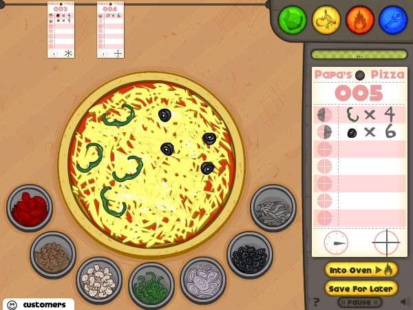 Papa's Pizzeria (Browser) screenshot: Add the correct toppings to the pizza. They should only go on the requested sections.