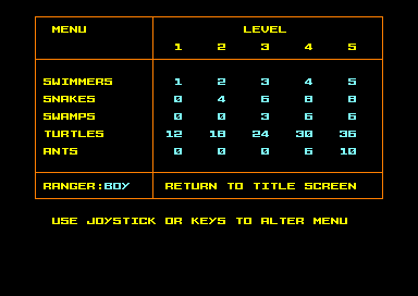 Park Patrol (Amstrad CPC) screenshot: In this menu, you can alter the number of wildlife on each of the five levels