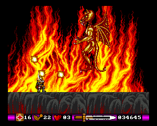 Pegasus (Amiga) screenshot: What a big and wicked demon! And he shoots three fireballs at once. I wonder how this will end...