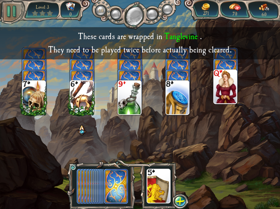 Avalon Legends Solitaire 2 (Windows) screenshot: Introducing Tanglevine. These cards need to be matched twice.