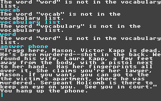 Perry Mason: The Case of the Mandarin Murder (Atari ST) screenshot: Playing IF games with no manual and no vocab list can be a chore