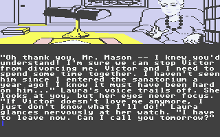 Perry Mason: The Case of the Mandarin Murder (Atari ST) screenshot: A phone call from eventual suspect Laura