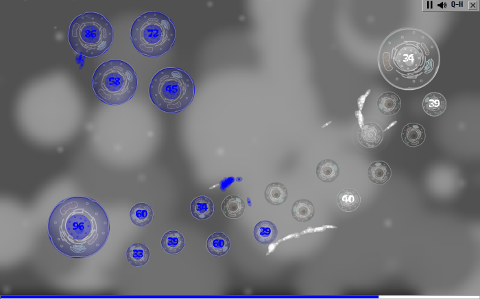 Phage Wars 2 (Browser) screenshot: Viruses can infect the empty cells, or attack those occupied by an enemy virus.