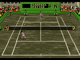 Pete Sampras Tennis 96 (Genesis) screenshot: Top spinning a ball in Hard court