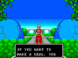 Phantasy Star (SEGA Master System) screenshot: When you position yourself in front of a character, you enter a first-person view with great backgrounds
