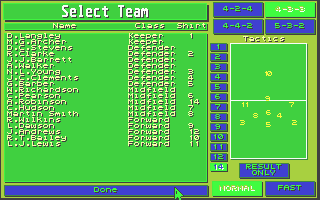 Player Manager (Atari ST) screenshot: Choosing my starting 11 and 2 substitutes