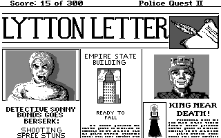 Police Quest 2: The Vengeance (Amiga) screenshot: If you start shooting at random you'll get this newspaper screen. Notice the King's Quest 4 reference.