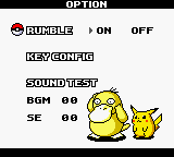 Pokémon Pinball (Game Boy Color) screenshot: Options menu (starring the new Rumble function).