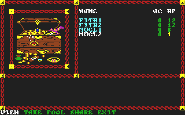 Pool of Radiance (Commodore 64) screenshot: <b>Treasure</b> found after winning a battle.