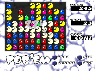 Pop'em (Windows) screenshot: A big score of 224 points for one clump while using the Pacman theme.