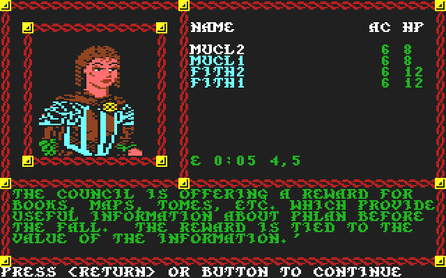 Pool of Radiance (Commodore 64) screenshot: Receiving <b>commission</b> from city council.