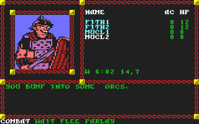 Pool of Radiance (Commodore 64) screenshot: Surprised by <b>orcs</b>.
