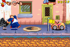 Popeye: Rush for Spinach (Game Boy Advance) screenshot: Wimpy tries to catch up as Bluto (now turned into a turkey) trails behind.