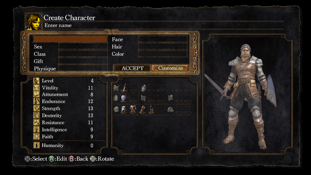 Dark Souls (Xbox 360) screenshot: Character creation screen. Many detailed customization options are available.