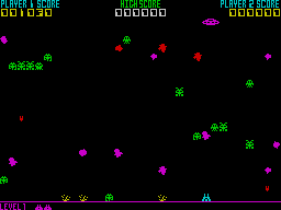 Galactic Warriors + Raceway (ZX Spectrum) screenshot: 1. Galactic Warriors: Cruisers and galactic warriors.<br> A galactic warrior has reached the ground, a cruiser flies by dropping more warriors.