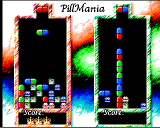 Pillmania (Amiga) screenshot: Wins in two-player mode are indicated by crowns