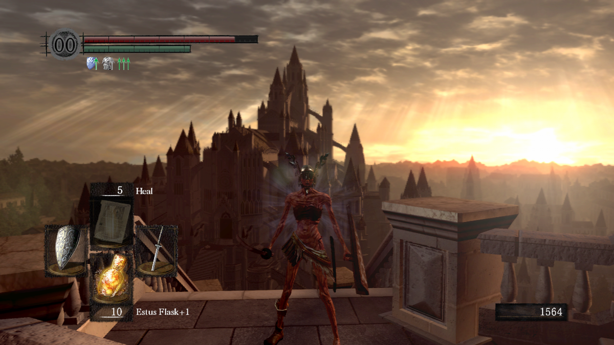 Dark Souls (Xbox 360) screenshot: Anor Londo in the background. The character is wearing as little as possible. This is a common strategy to get the maximum roll distance and speed. The character has also gone Hollow.