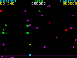 Galactic Warriors + Raceway (ZX Spectrum) screenshot: 1. Galactic Warriors: Hitting a Galactic Warrior 1st stage.<br> A carcass was generated in its place when the alien was hit.