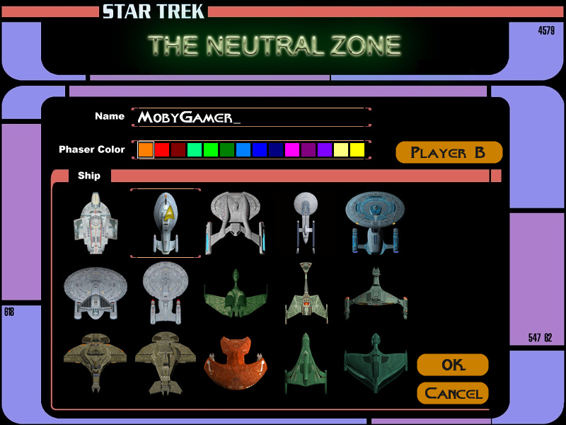 Star Trek: The Neutral Zone (Windows) screenshot: User menu, where players can change their name, ship, and phaser colour