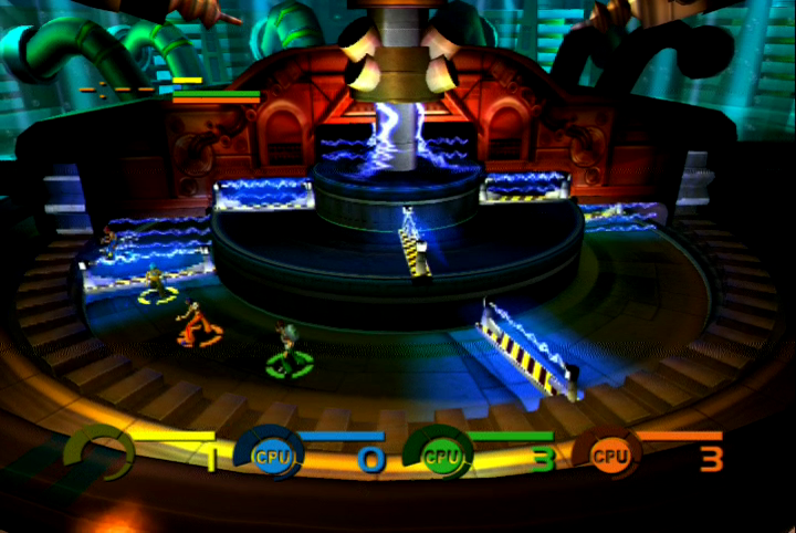 Fuzion Frenzy (Xbox) screenshot: Volt Vault -- Jump to avoid the electrical traps and be the last player remaining