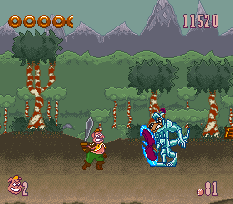 Power Piggs of the Dark Age (SNES) screenshot: He acts pretty tough with all that armor on.