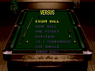 Minnesota Fats: Pool Legend (Genesis) screenshot: In Versus Mode, what type of game will you play?