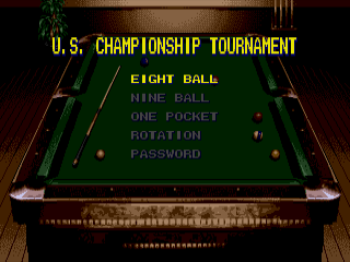 Minnesota Fats: Pool Legend (Genesis) screenshot: In Tournament Mode, what type of game ill you play or enter a password.