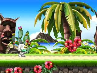 Plue no Daibōken from Groove Adventure Rave (PlayStation) screenshot: Plue doing what he does best... eating sweets!