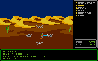 Rings of Zilfin (Atari ST) screenshot: Fighting with Sandgus in the Desert of Sysvol
