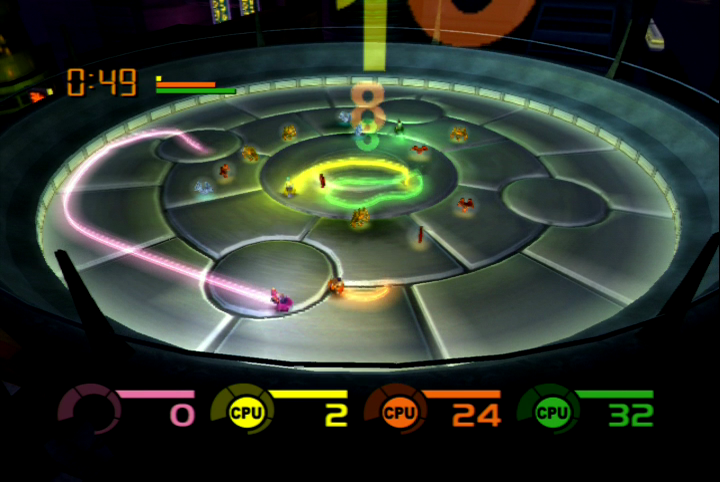 Fuzion Frenzy (Xbox) screenshot: Laser Snare -- A game similar to TRON's Light Cycles