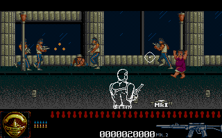 Predator 2 (Atari ST) screenshot: The three-dotted crosshair means the Predator is hunting, also