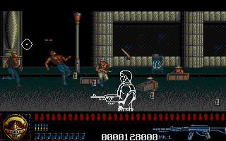 Predator 2 (Atari ST) screenshot: Nailed one in the alley (and, given the sinister red eyes, maybe two!)