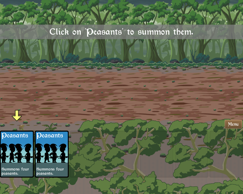 The Trouble with Robots (Windows) screenshot: Tutorial for the 1st mission, each new action is introduced with a text and an arrow. Here we get two cards with peasant troops. (Demo)
