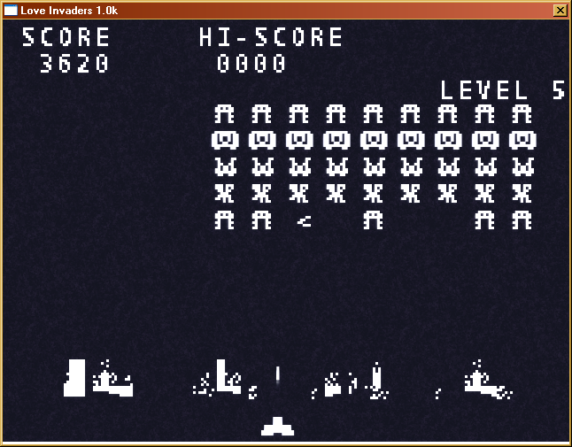 Love Invaders (Windows) screenshot: Level 5, the shields are quite battered by now