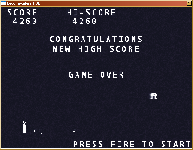 Love Invaders (Windows) screenshot: The last invader managed to destroy me. Game over