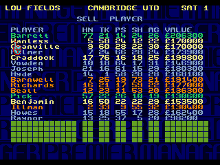 Premier Manager 97 (Genesis) screenshot: Of course, to make room for new players, the old ones must be sold first. There's a strict 20 player limit, so choose the squad wisely.